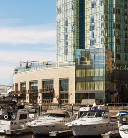 Exterior of the Four Seasons Residences as seen from the marina in Harbor East