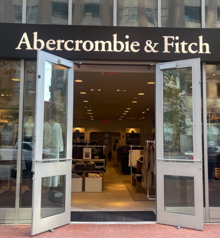 Abercrombie & Fitch displayed prominently on the entryway of the clothing store in Harbor East