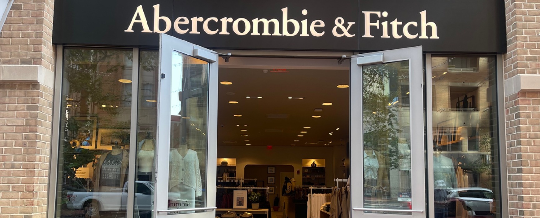 Abercrombie & Fitch displayed prominently on the entryway of the clothing store in Harbor East