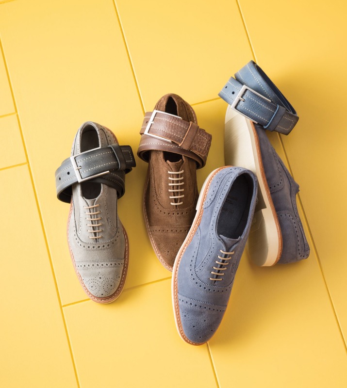 Men's dress shoes and belt combos in gray, brown, and blue displayed on a yellow background